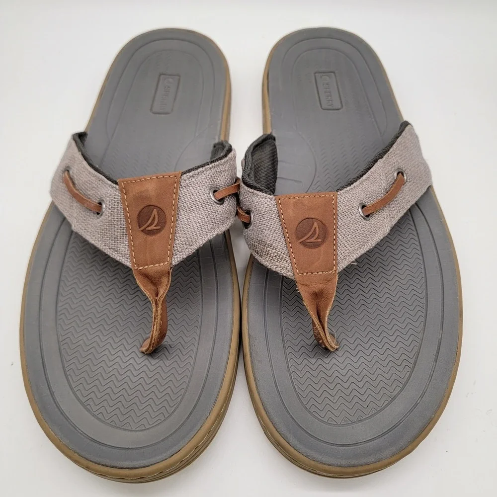 Sperry Thong Flip Flop Tan Leather/Gray Canvas Sandals 13M Model STS25231